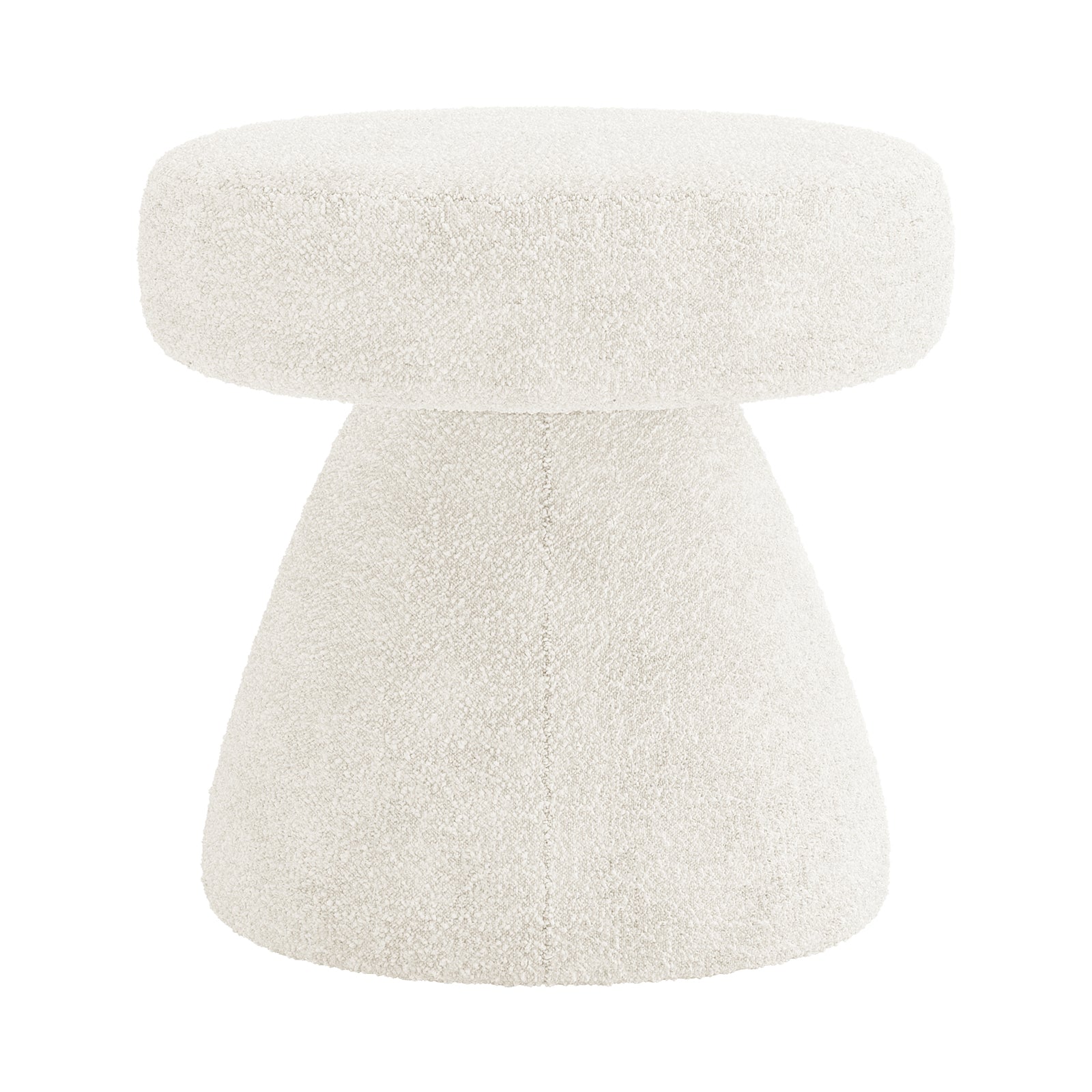 Sadi Bouclé Fabric Round Mushroom Ottoman - Eggshell White: A small, hourglass-shaped ottoman with textured bouclé fabric, featuring a round, overhanging top and flared base for stylish modern living.