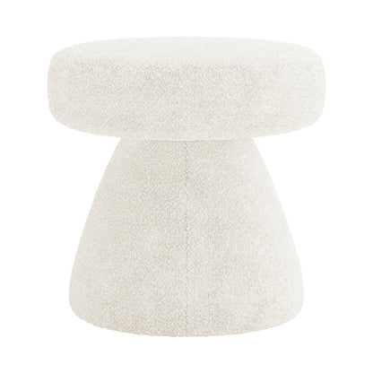 Sadi Bouclé Fabric Round Mushroom Ottoman - Eggshell White: A small, hourglass-shaped ottoman with textured bouclé fabric, featuring a round, overhanging top and flared base for stylish modern living.