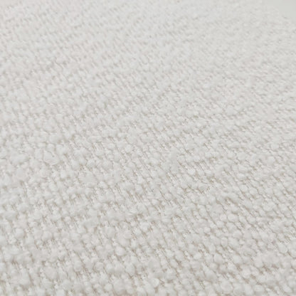 Close-up of the Sadi Bouclé Fabric Round Mushroom Ottoman in Eggshell White, showcasing its textured loop-pile surface and soft, rounded modern design, highlighting the plush and stylish bouclé fabric.