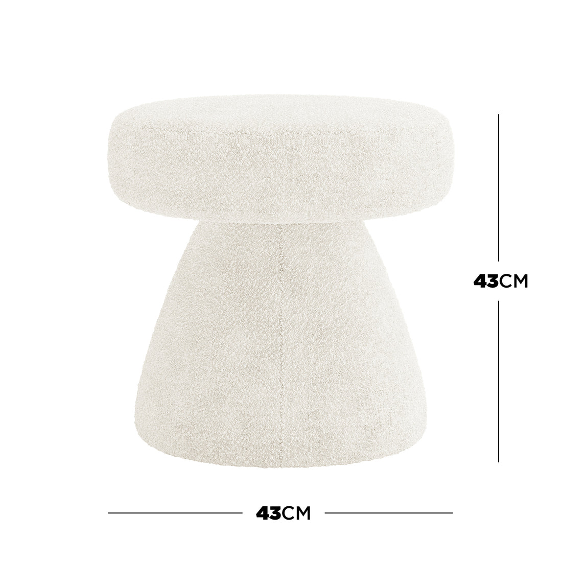 Sadi Bouclé Fabric Round Mushroom Ottoman - Eggshell White: A small, mushroom-shaped stool with white boucle fabric, 43 cm tall and wide, showcasing its modern design and plush, textured appearance.