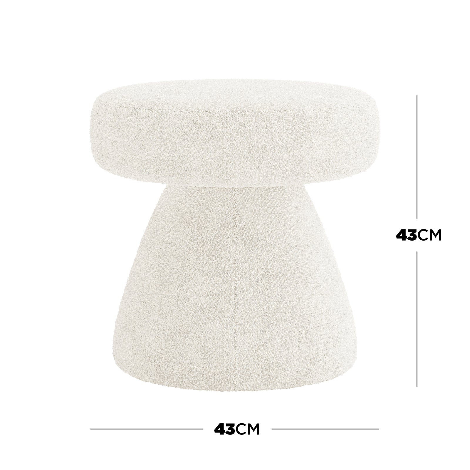 Sadi Bouclé Fabric Round Mushroom Ottoman - Eggshell White: A small, mushroom-shaped stool with white boucle fabric, 43 cm tall and wide, showcasing its modern design and plush, textured appearance.