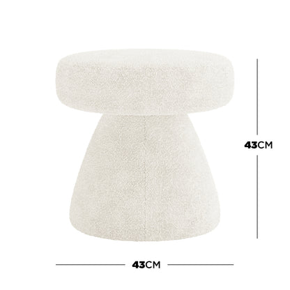 Sadi Bouclé Fabric Round Mushroom Ottoman - Eggshell White: A small, mushroom-shaped stool with white boucle fabric, 43 cm tall and wide, showcasing its modern design and plush, textured appearance.