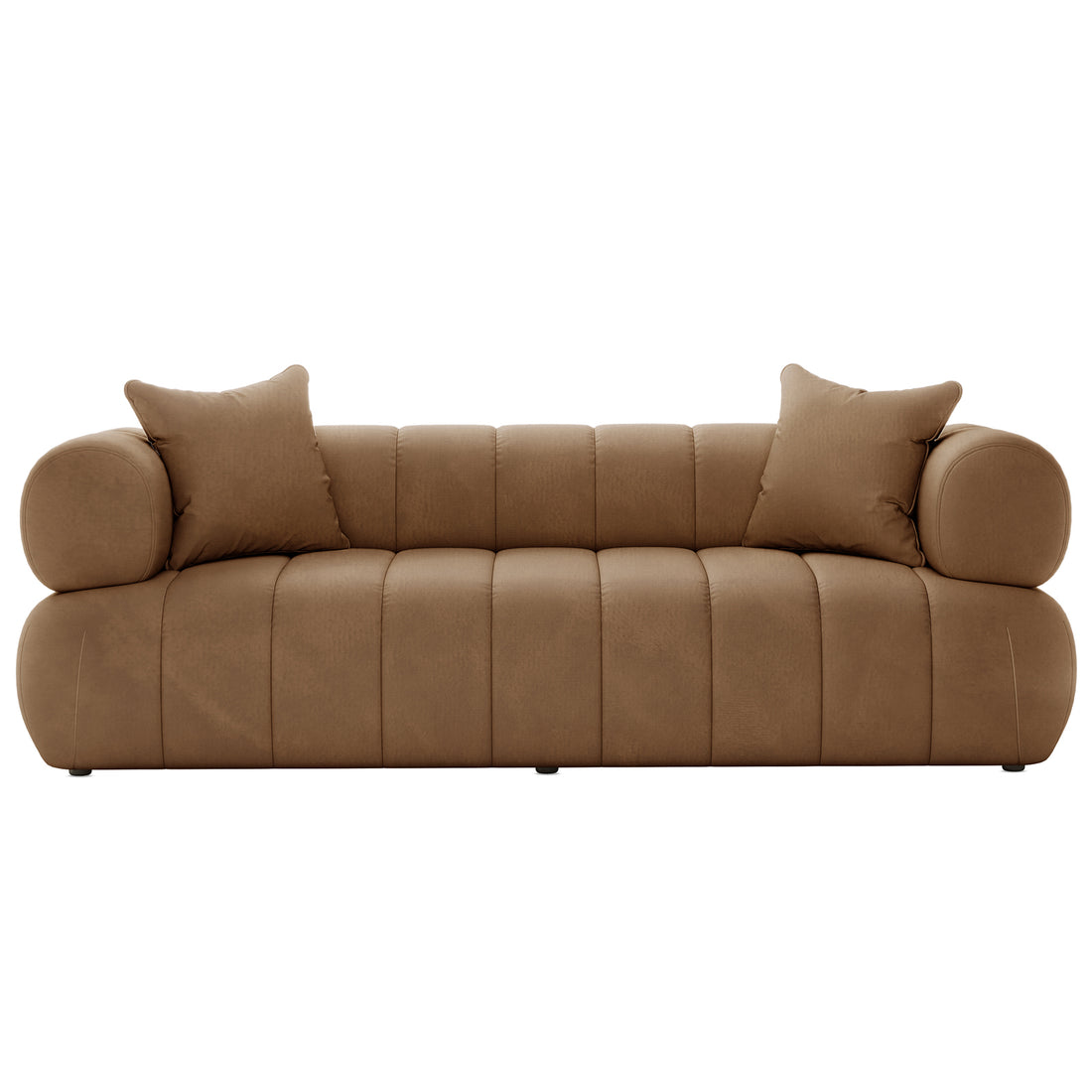 Samira 3 Seater Velvet Sofa in Camel Brown, featuring plush velvet upholstery and elegant stitching, with a sturdy, visible wooden frame, showcasing its luxurious, contemporary design and matching decorative pillows for added style.