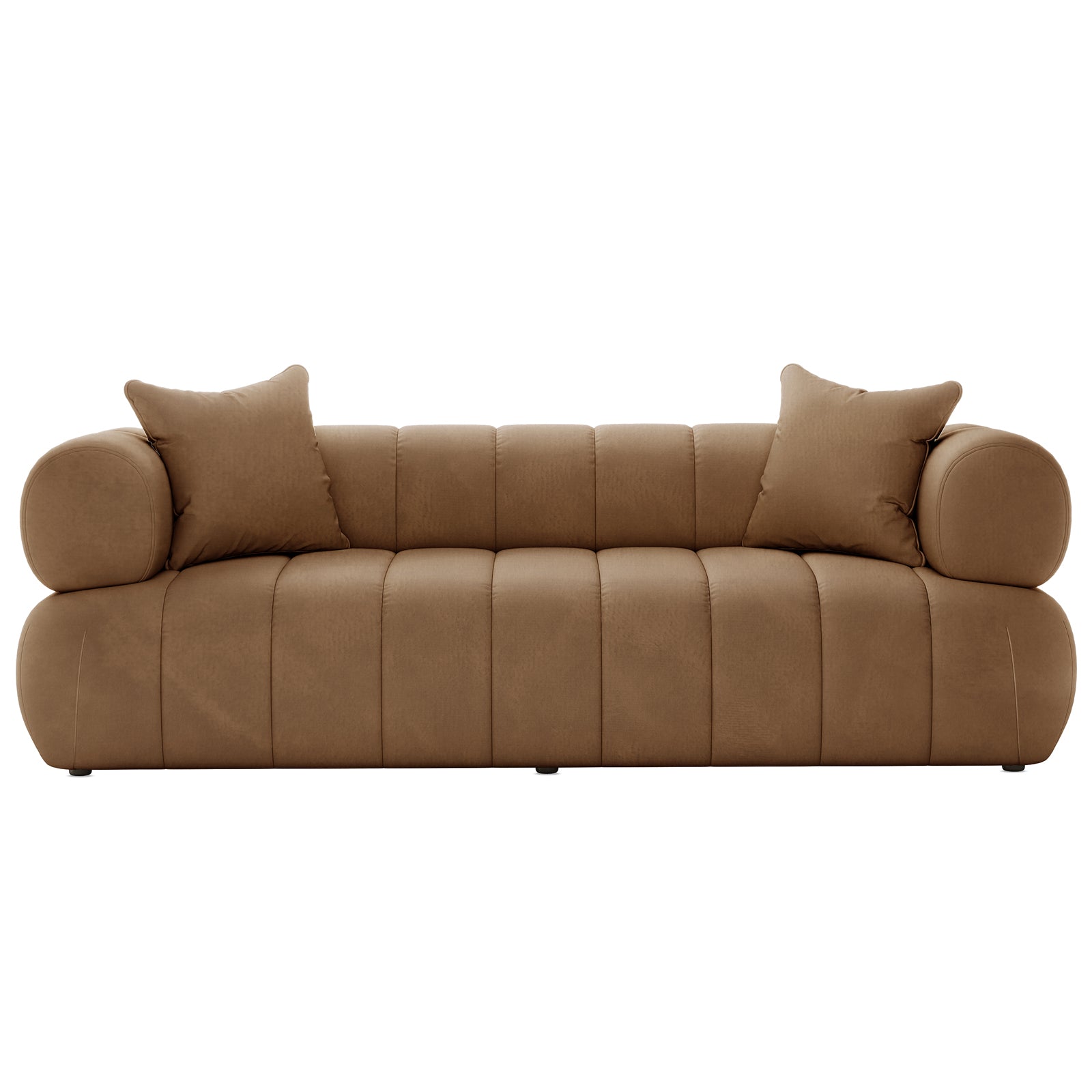 Samira 3 Seater Velvet Sofa in Camel Brown, featuring plush velvet upholstery and elegant stitching, with a sturdy, visible wooden frame, showcasing its luxurious, contemporary design and matching decorative pillows for added style.