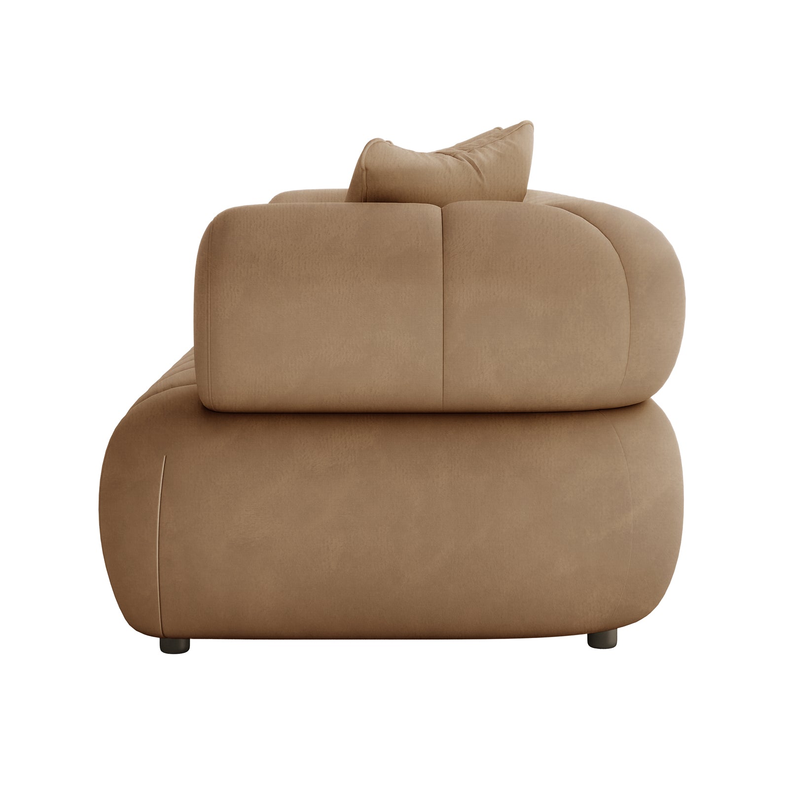 Samira 3 Seater Velvet Sofa - Camel Brown, showcasing plush velvet upholstery with elegant tufting and sleek lines, emphasizing luxurious comfort and modern design, highlighted by a close-up of a leg and couch details.