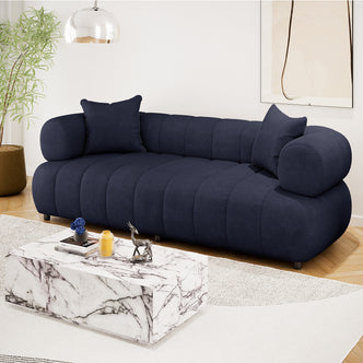 Samira 3 Seater Velvet Sofa in Navy Blue, showcasing plush velvet upholstery, sleek design, and high-density foam cushions, complemented by matching pillows for enhanced style and comfort.