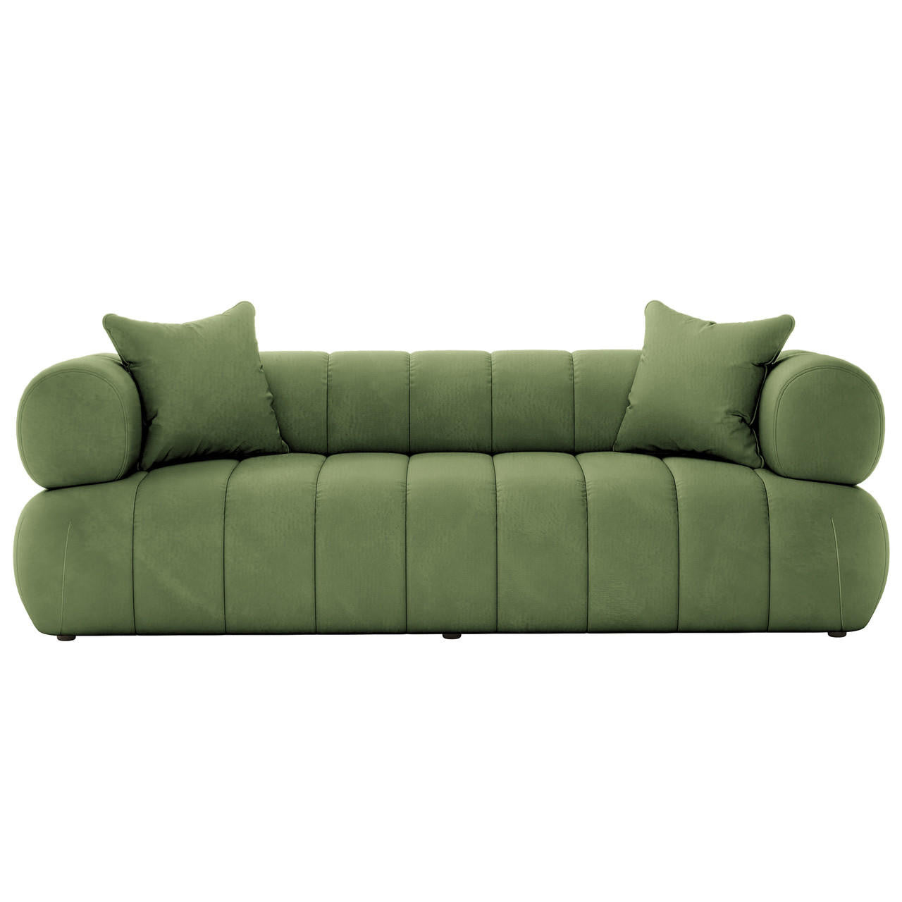 Samira 3 Seater Velvet Sofa in Prasinous Green features a modern blocky design with channel tufting, rounded armrests, and matching throw pillows, offering plush comfort and contemporary elegance.