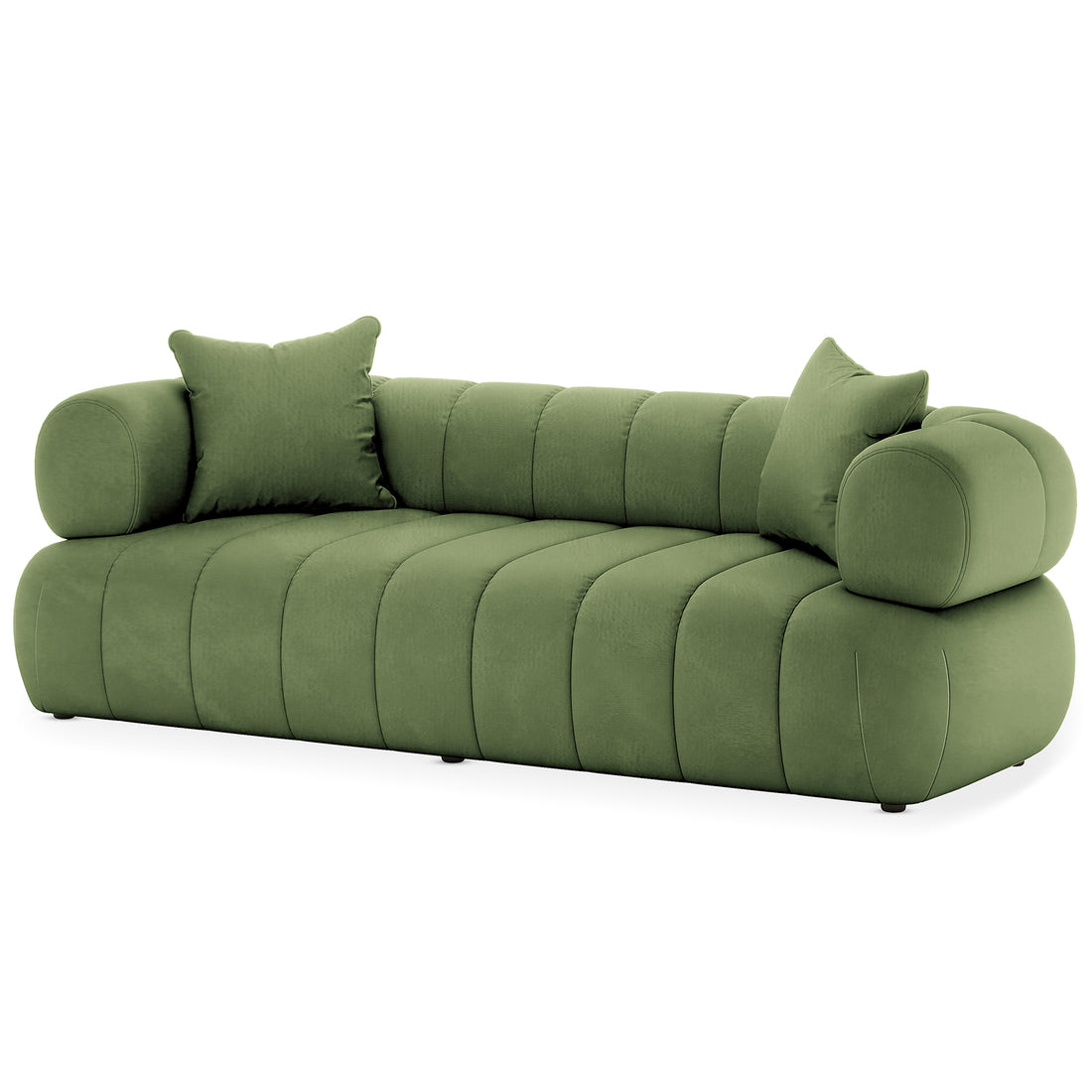 Samira 3 Seater Velvet Sofa in Prasinous Green, featuring a modern, low-slung design with tufted cushions, cylindrical bolsters, and matching throw pillows, exudes plush comfort and contemporary elegance.