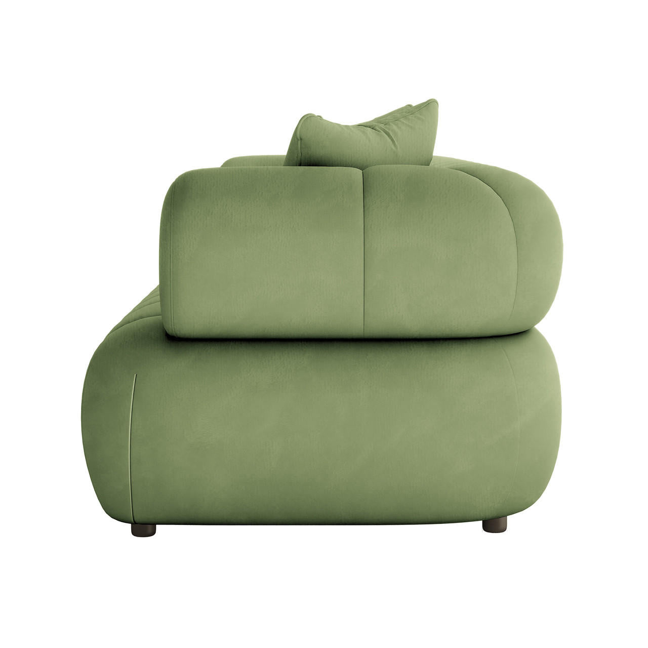 Samira 3 Seater Velvet Sofa in Prasinous Green, side view of upholstered module with plush cushioning and elegant panelled back, showcasing luxurious velvet texture against a white background.