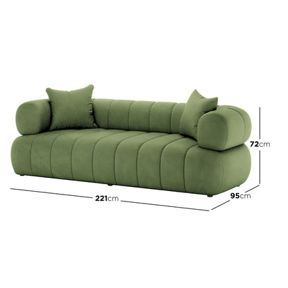Samira 3 Seater Velvet Sofa in Prasinous Green, featuring a quilted design, bolster armrests, and loose cushions, showcasing modern elegance in a plush, moss-green upholstery with visible dimensions.