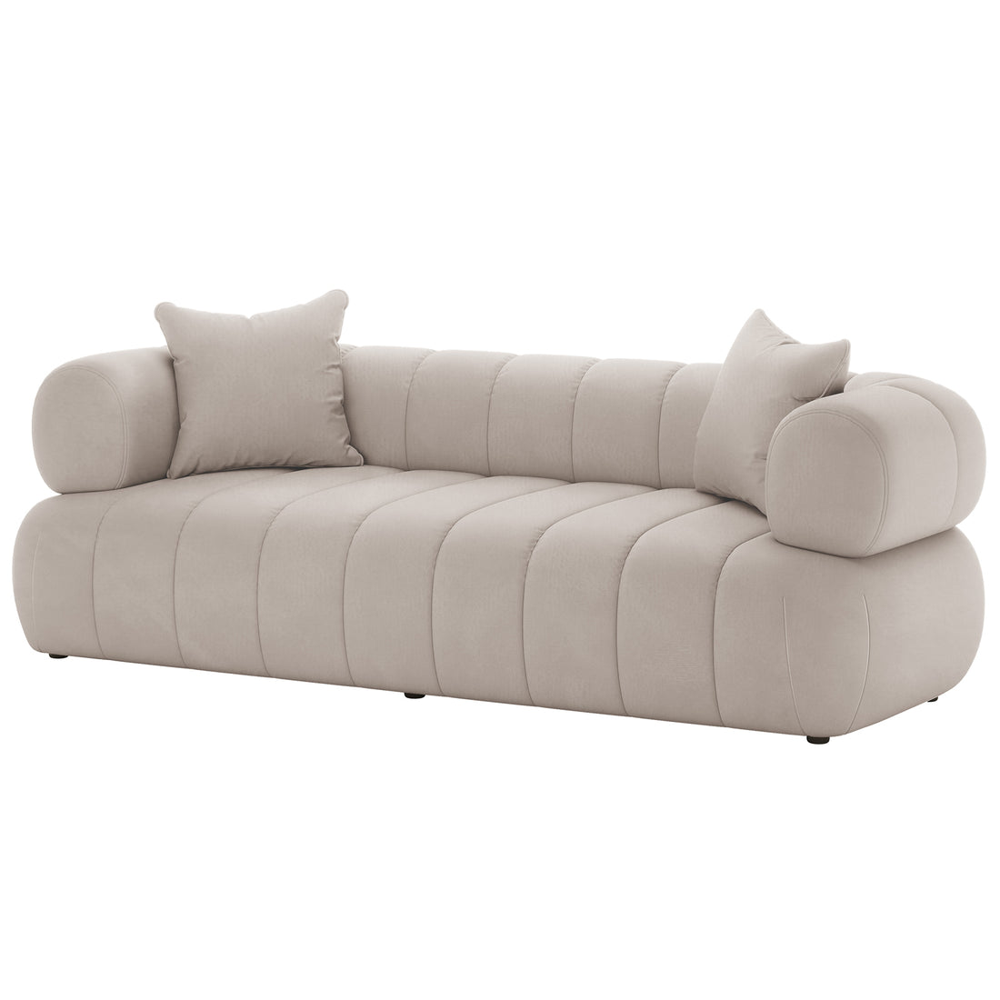 Samira 3 Seater Velvet Sofa - Warm Beige, showcasing plush velvet texture and cozy cushions, highlighted by elegant design details and matching pillows, offering a luxurious focal point for contemporary living spaces.