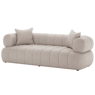 Samira 3 Seater Velvet Sofa - Warm Beige, showcasing plush velvet texture and cozy cushions, highlighted by elegant design details and matching pillows, offering a luxurious focal point for contemporary living spaces.