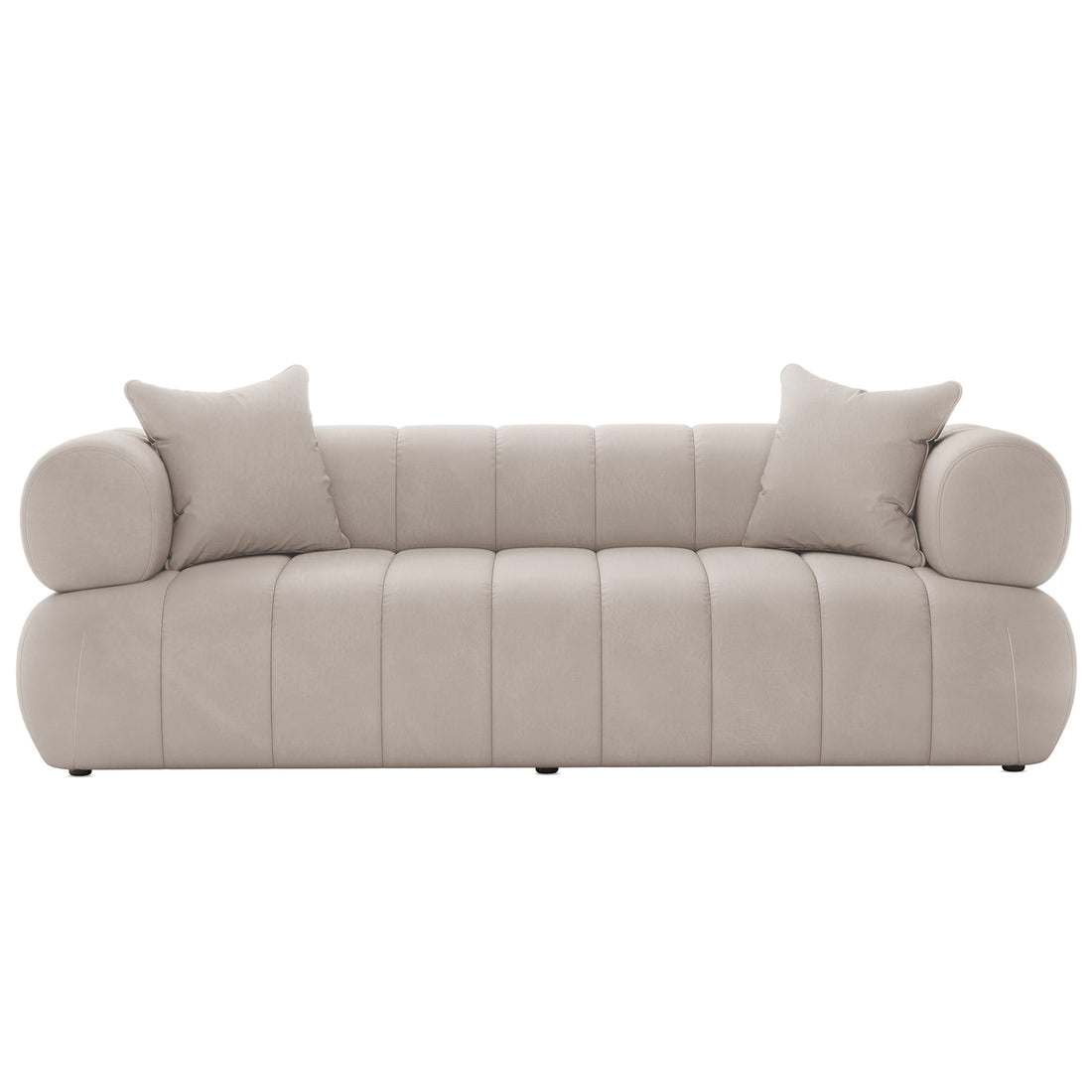 Samira 3 Seater Velvet Sofa - Warm Beige, showcasing plush velvet upholstery, elegant tufted design, and sturdy wooden frame. Includes high-density foam cushions and two matching pillows for added comfort and style.