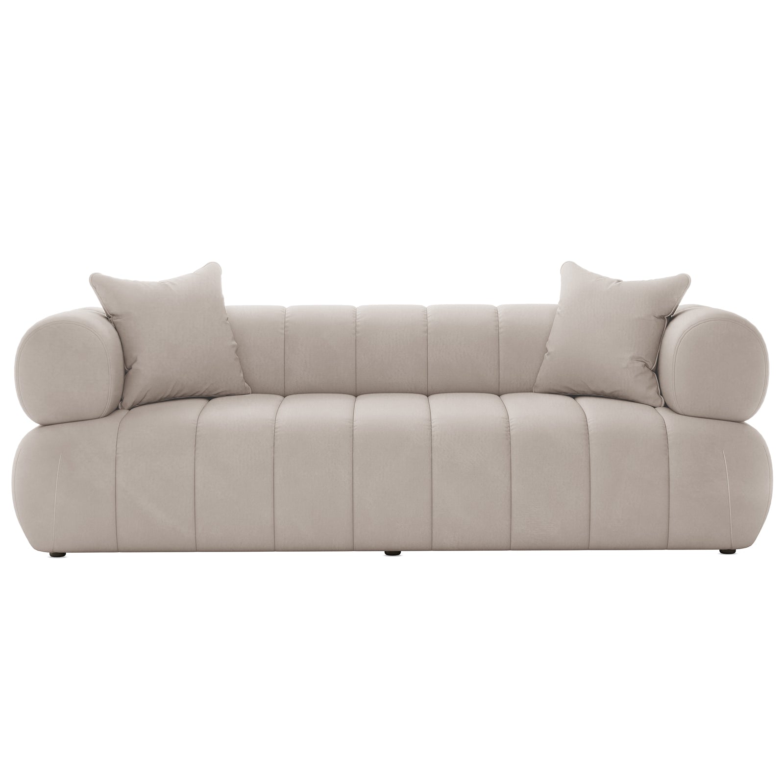 Samira 3 Seater Velvet Sofa - Warm Beige, showcasing plush velvet upholstery, elegant tufted design, and sturdy wooden frame. Includes high-density foam cushions and two matching pillows for added comfort and style.