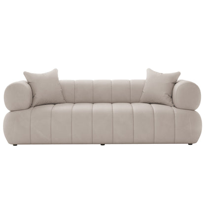 Samira 3 Seater Velvet Sofa - Warm Beige, showcasing plush velvet upholstery, elegant tufted design, and sturdy wooden frame. Includes high-density foam cushions and two matching pillows for added comfort and style.