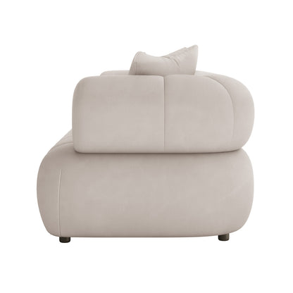 Samira 3 Seater Velvet Sofa - Warm Beige, featuring a close-up of plush velvet fabric and elegant design, complements modern spaces with its luxurious, comfortable seating and matching pillows.
