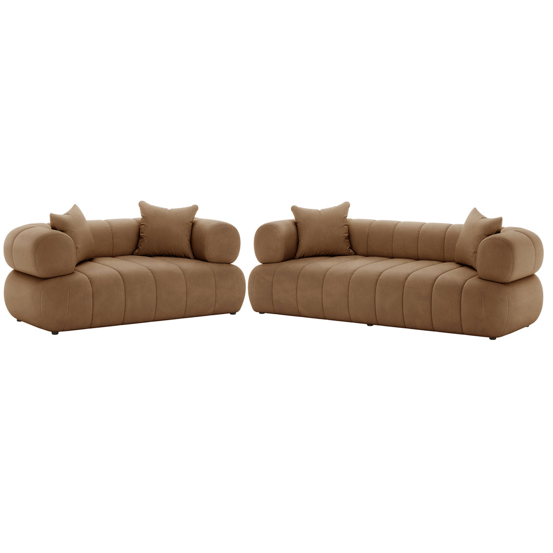 Samira 5 Seater Velvet Sofa Set - Camel Brown featuring a plush, velvet finish with included pillows, showcasing a mix of a 2-seater and 3-seater design for luxurious comfort and style.