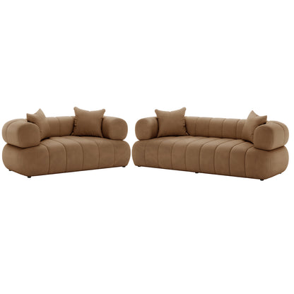 Samira 5 Seater Velvet Sofa Set - Camel Brown featuring a plush, velvet finish with included pillows, showcasing a mix of a 2-seater and 3-seater design for luxurious comfort and style.