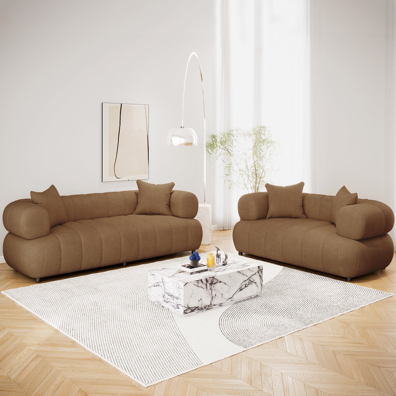 Samira 5 Seater Velvet Sofa Set - Camel Brown, featuring a close-up of a plush brown pillow against the luxurious velvet upholstery, highlighting the sofa's elegant texture and inviting appearance.