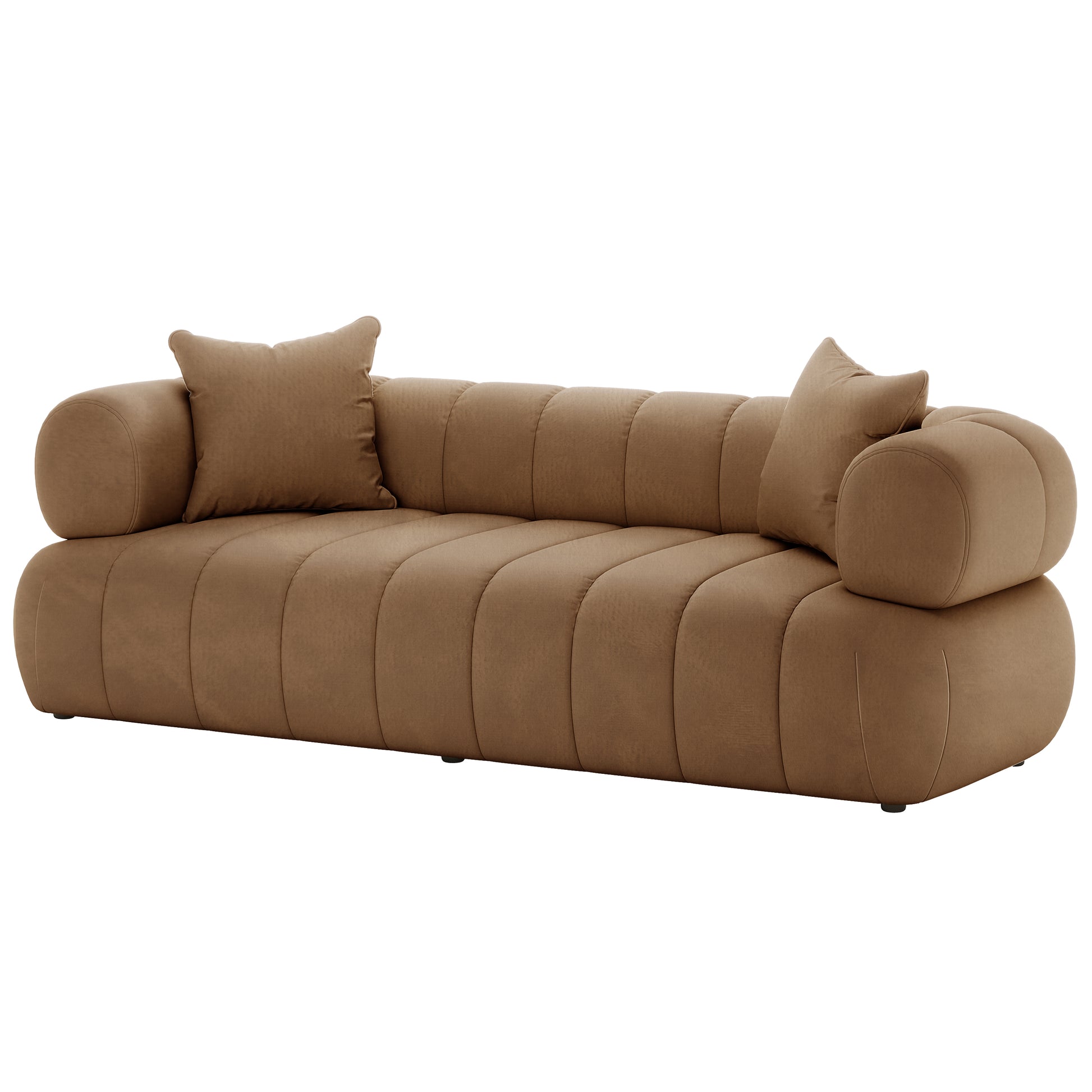 Samira 5 Seater Velvet Sofa Set - Camel Brown, showcasing a plush velvet texture with detailed cushioning, accompanied by a matching brown pillow, highlighting the luxurious and comfortable seating design.