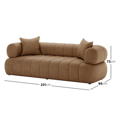 Samira 5 Seater Velvet Sofa Set - Camel Brown, highlighting the plush velvet texture and elegant design, featuring a solid structure with complementary pillows for enhanced comfort and style.