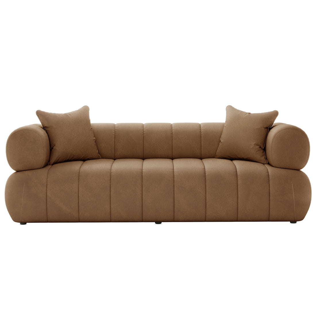 Samira 5 Seater Velvet Sofa Set - Camel Brown, showcasing a luxurious brown couch with plush pillows, highlighting its elegant velvet texture and cozy seating, ideal for stylish living spaces.