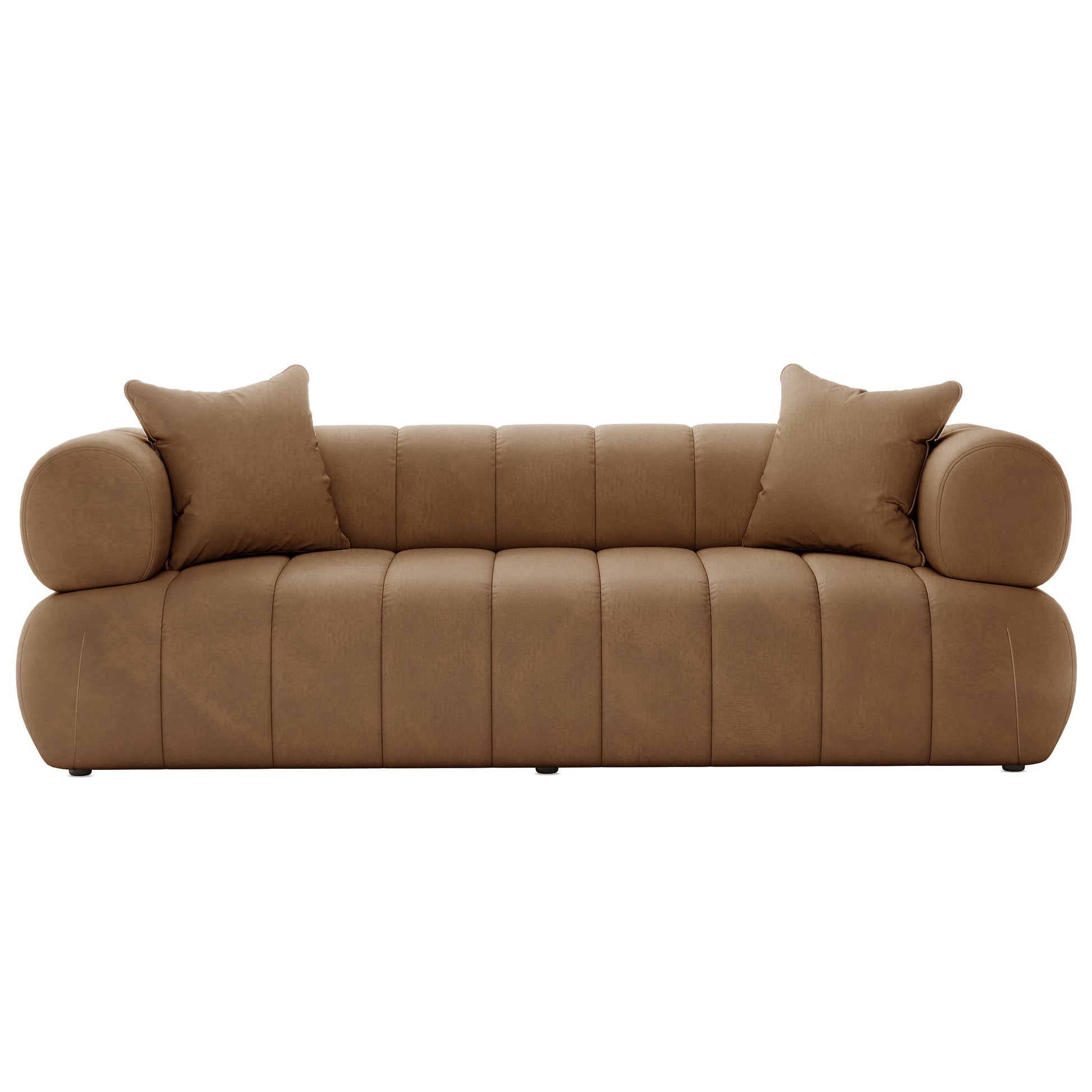 Samira 5 Seater Velvet Sofa Set - Camel Brown, showcasing a luxurious brown couch with plush pillows, highlighting its elegant velvet texture and cozy seating, ideal for stylish living spaces.