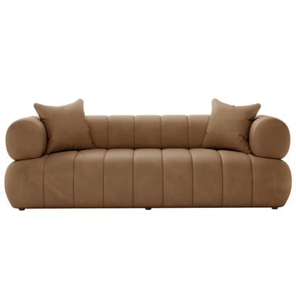 Samira 5 Seater Velvet Sofa Set - Camel Brown, showcasing a luxurious brown couch with plush pillows, highlighting its elegant velvet texture and cozy seating, ideal for stylish living spaces.