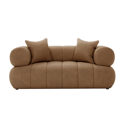 Samira 5 Seater Velvet Sofa Set - Camel Brown featuring a plush velvet finish, comes with decorative pillows, showcasing a blend of elegance and comfort suitable for stylish living spaces.