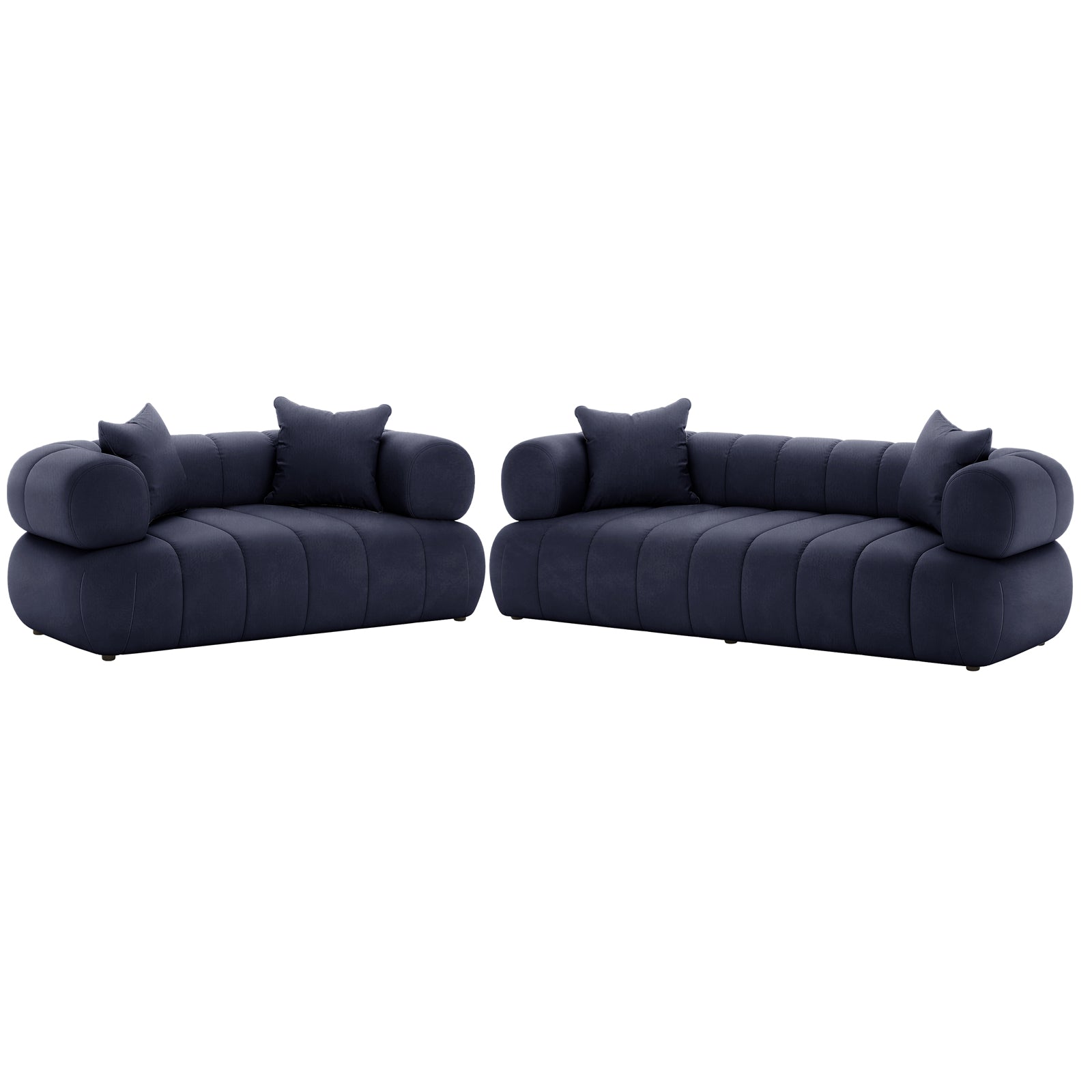 Samira 5 Seater Velvet Sofa Set - Navy Blue, featuring plush velvet upholstery, includes a spacious 2-seater and 3-seater with four decorative pillows, showcasing elegant design and luxurious comfort.