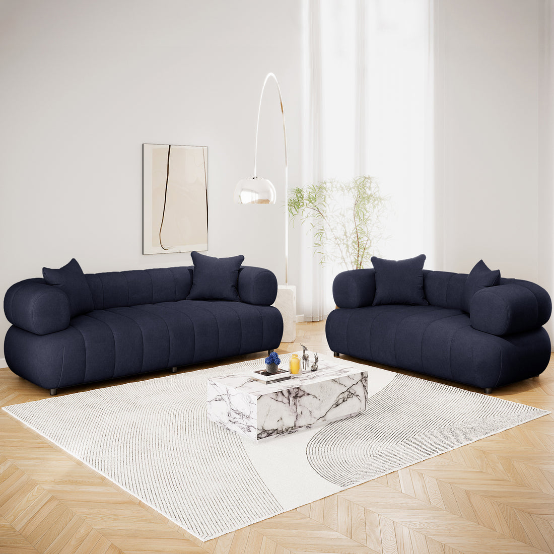 Samira 5 Seater Velvet Sofa Set - Navy Blue, showcasing plush velvet upholstery and elegant design, enhancing indoor decor with luxurious comfort and ample seating in a stylish living room setting.