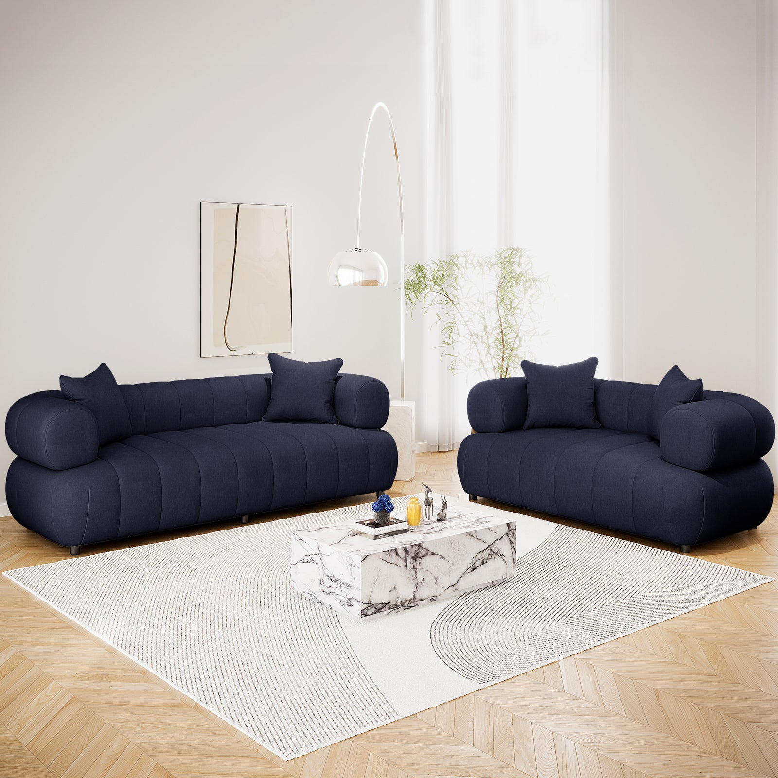 Samira 5 Seater Velvet Sofa Set - Navy Blue, showcasing plush velvet upholstery and elegant design, enhancing indoor decor with luxurious comfort and ample seating in a stylish living room setting.