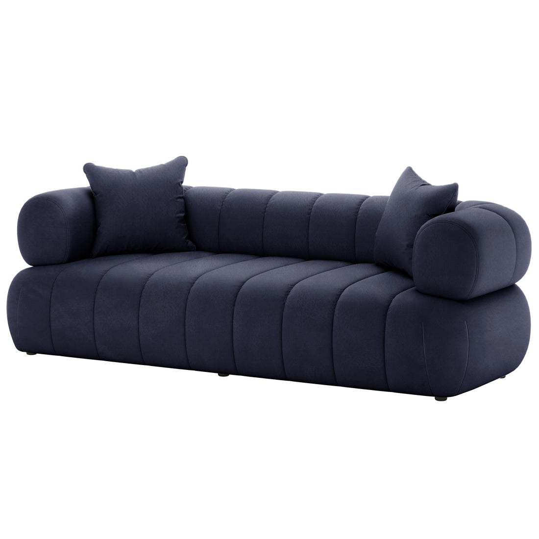 Samira 5 Seater Velvet Sofa Set - Navy Blue, highlighting the plush velvet texture and elegant design with visible sofa cushions and pillows, emphasizing luxury and comfort.