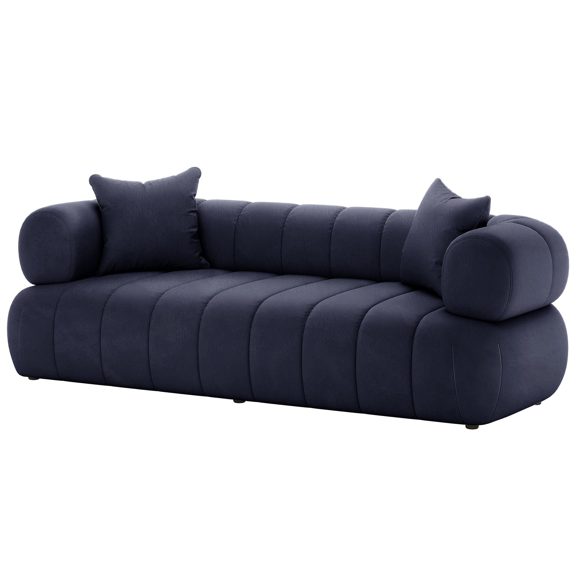 Samira 5 Seater Velvet Sofa Set - Navy Blue, highlighting the plush velvet texture and elegant design with visible sofa cushions and pillows, emphasizing luxury and comfort.