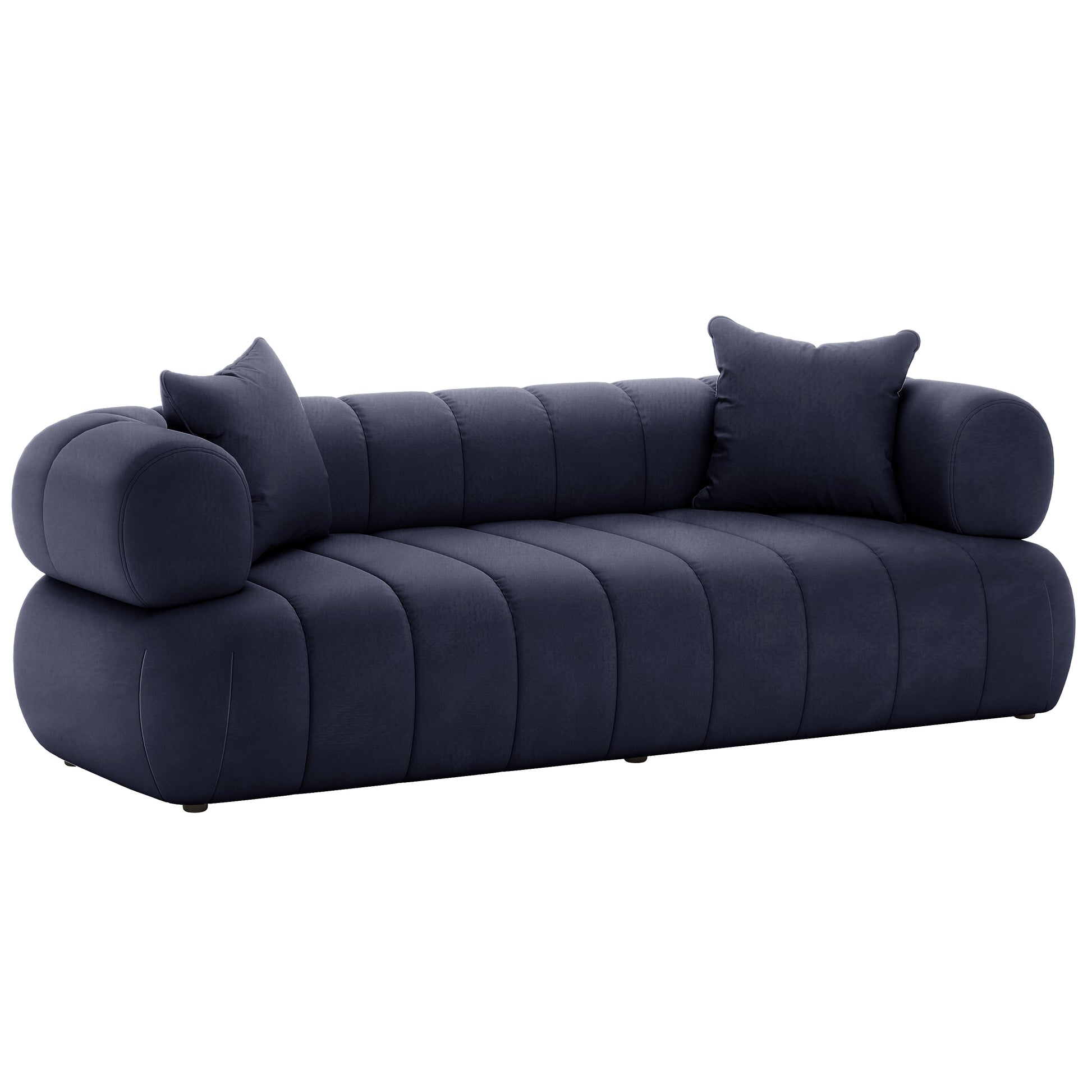 Samira 5 Seater Velvet Sofa Set - Navy Blue, showcasing its plush velvet texture and detailed craftsmanship, highlighting the luxurious and elegant design in a studio setting.
