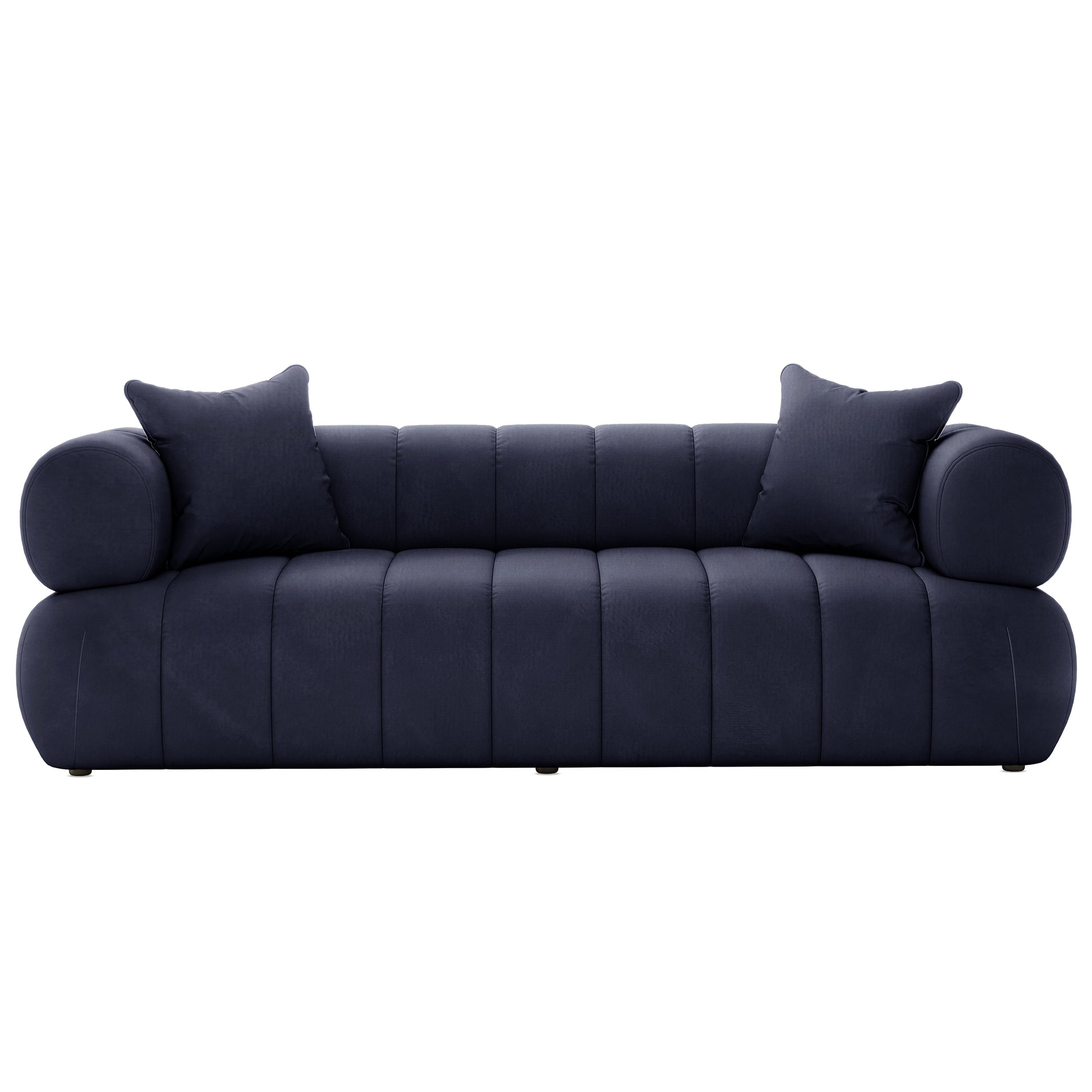 Samira 5 Seater Velvet Sofa Set - Navy Blue, showcasing plush velvet upholstery and included pillows on a sleek, modern design couch, highlighting comfort and luxury in any living room.