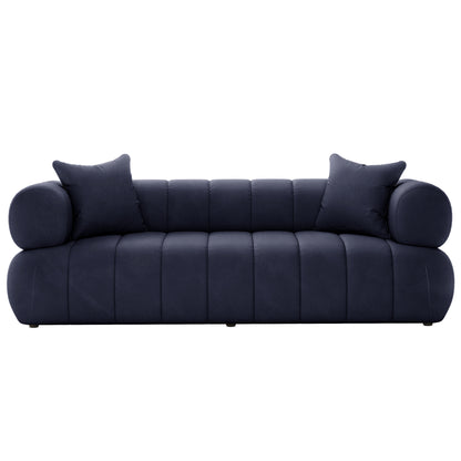 Samira 5 Seater Velvet Sofa Set - Navy Blue, showcasing plush velvet upholstery and included pillows on a sleek, modern design couch, highlighting comfort and luxury in any living room.