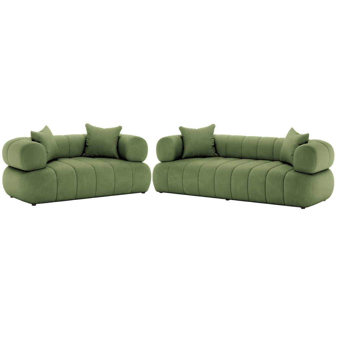 Samira 5 Seater Velvet Sofa Set in Prasinous Green features olive-green modular sofas with low, tufted profiles, rounded arms, and matching throw pillows, offering a luxurious, spacious seating arrangement.