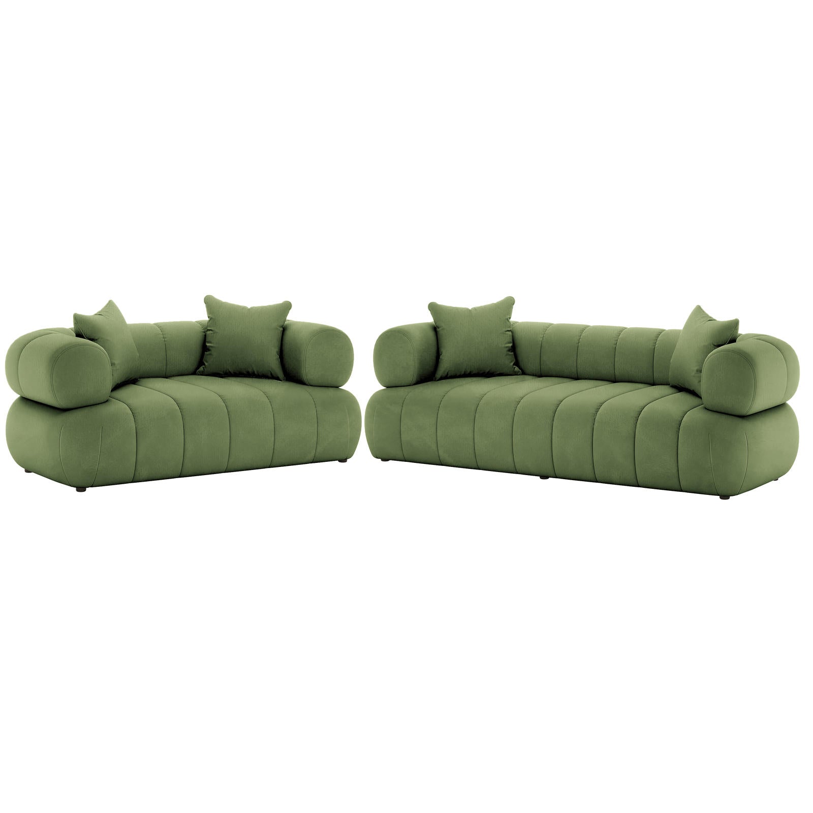 Samira 5 Seater Velvet Sofa Set in Prasinous Green features olive-green modular sofas with low, tufted profiles, rounded arms, and matching throw pillows, offering a luxurious, spacious seating arrangement.
