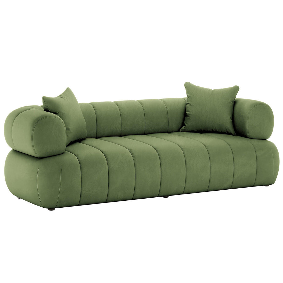 Samira 5 Seater Velvet Sofa Set in Prasinous Green features olive-green upholstery, broad vertical channel tufting, rounded bolster armrest pillows, and matching throw pillows, embodying a plush, modern design.