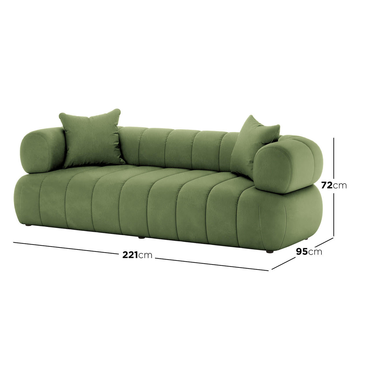 Samira 5 Seater Velvet Sofa Set in Prasinous Green features deep quilted seating, cylindrical bolster arms, and two square pillows, offering a modern, low-profile design with luxurious comfort.