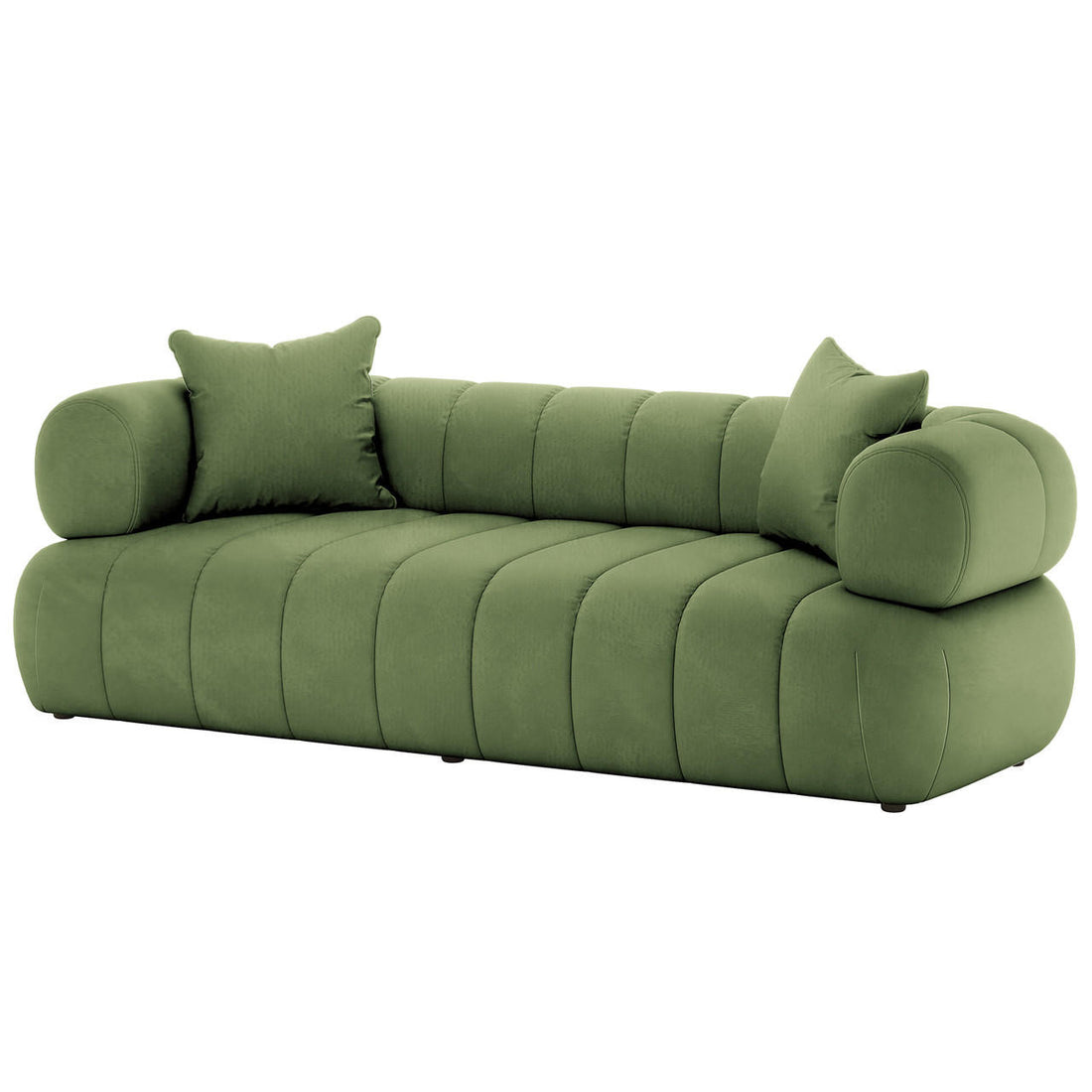Samira 5 Seater Velvet Sofa Set in Prasinous Green features a modern low design with channel-tufted seating, rounded bolster armrests, and matching square throw pillows, exuding elegance and comfort.