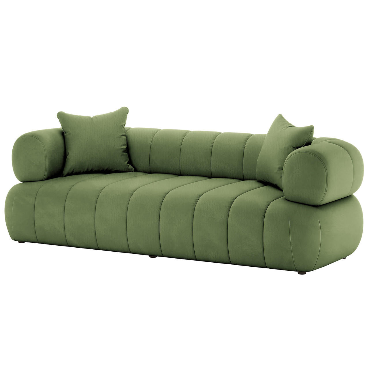 Samira 5 Seater Velvet Sofa Set in Prasinous Green features a modern low design with channel-tufted seating, rounded bolster armrests, and matching square throw pillows, exuding elegance and comfort.