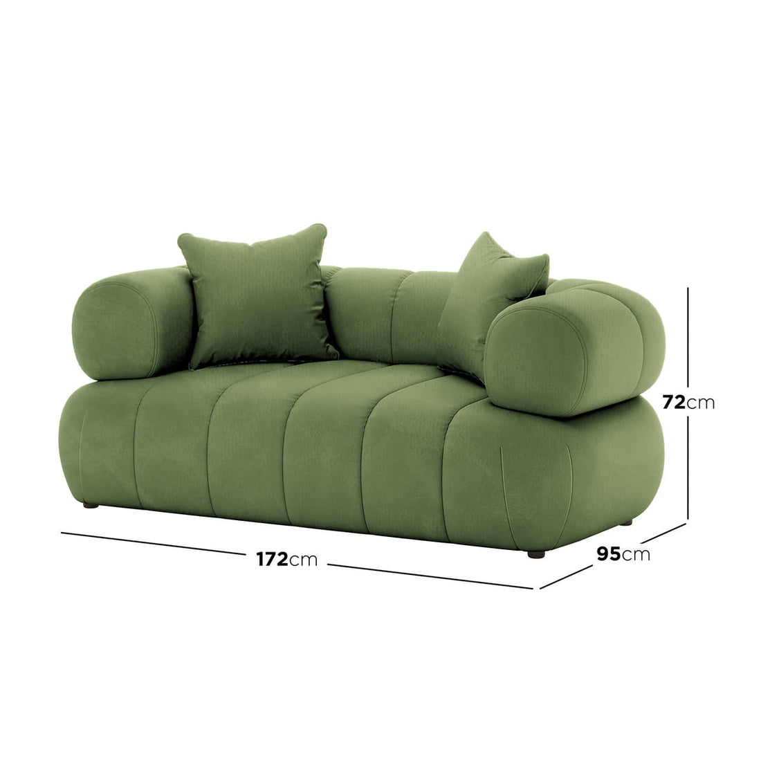 Samira 5 Seater Velvet Sofa Set in Prasinous Green features a moss-green, low-profile two-seater with quilted barrel-style silhouette, rounded arm bolsters, and square back cushions. Dimensions: 172 cm wide, 95 cm deep, 72 cm tall.