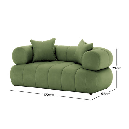Samira 5 Seater Velvet Sofa Set in Prasinous Green features a moss-green, low-profile two-seater with quilted barrel-style silhouette, rounded arm bolsters, and square back cushions. Dimensions: 172 cm wide, 95 cm deep, 72 cm tall.