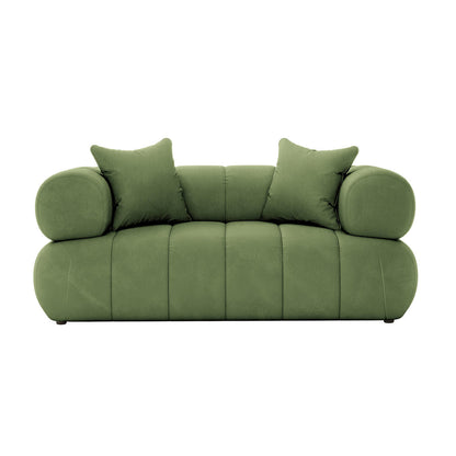 Samira 5 Seater Velvet Sofa Set in Prasinous Green features a modern loveseat with olive-green upholstery, rounded bolstered armrests, and two matching square throw pillows, set against a white background.