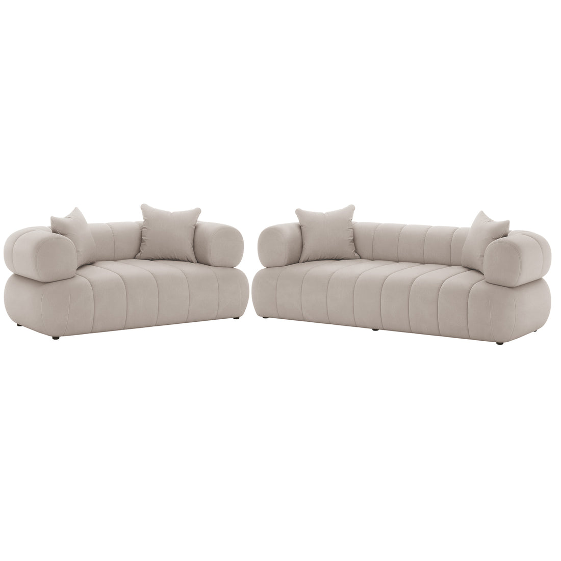 Samira 5 Seater Velvet Sofa Set - Warm Beige, features plush velvet upholstery with elegantly arranged pillows, showcasing a luxurious and comfortable design perfect for enhancing any living space.