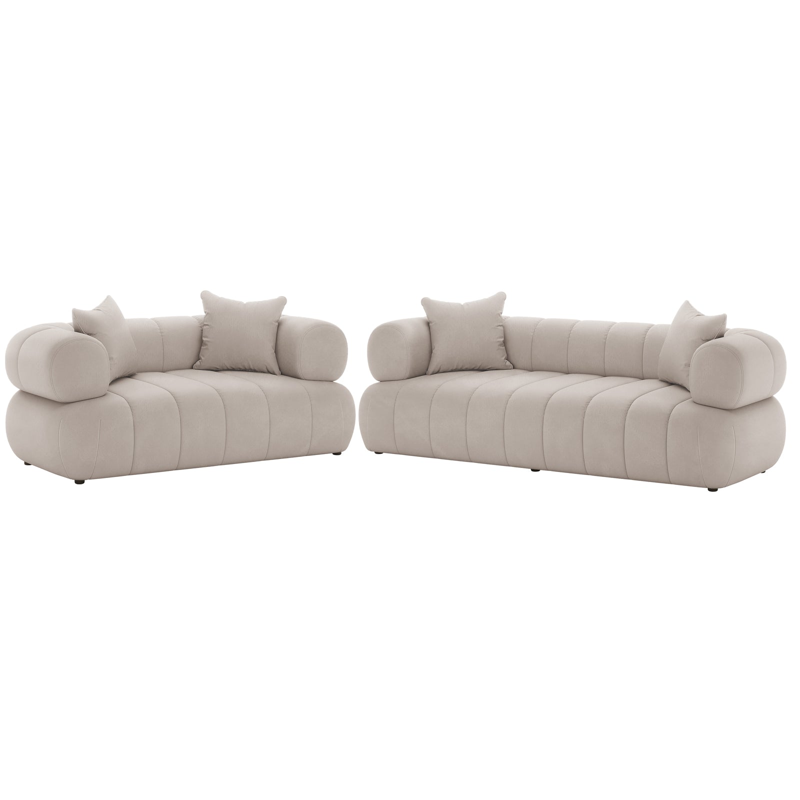 Samira 5 Seater Velvet Sofa Set - Warm Beige, features plush velvet upholstery with elegantly arranged pillows, showcasing a luxurious and comfortable design perfect for enhancing any living space.