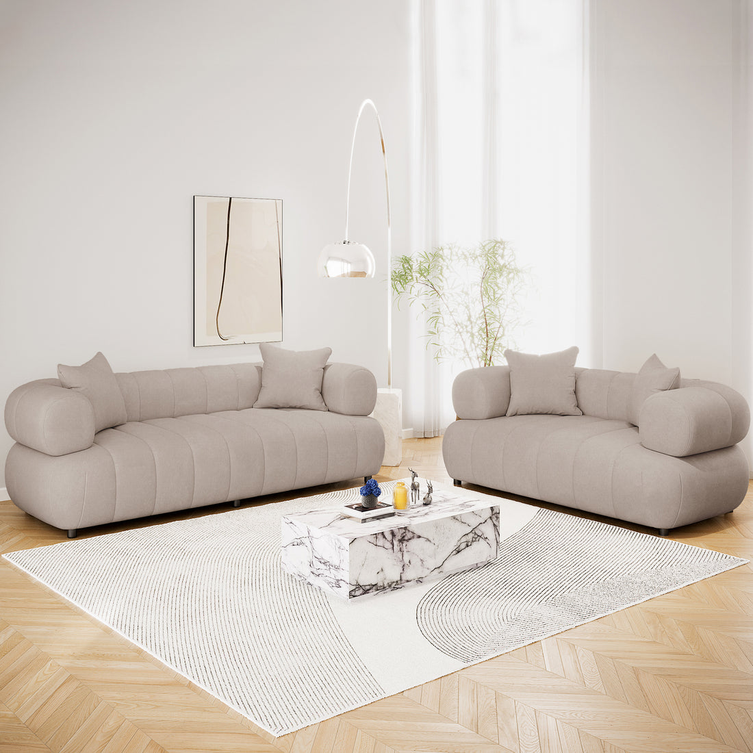 Samira 5 Seater Velvet Sofa Set - Warm Beige displayed in an elegant living room, showcasing its plush velvet upholstery and spacious design, perfect for luxury and comfort.