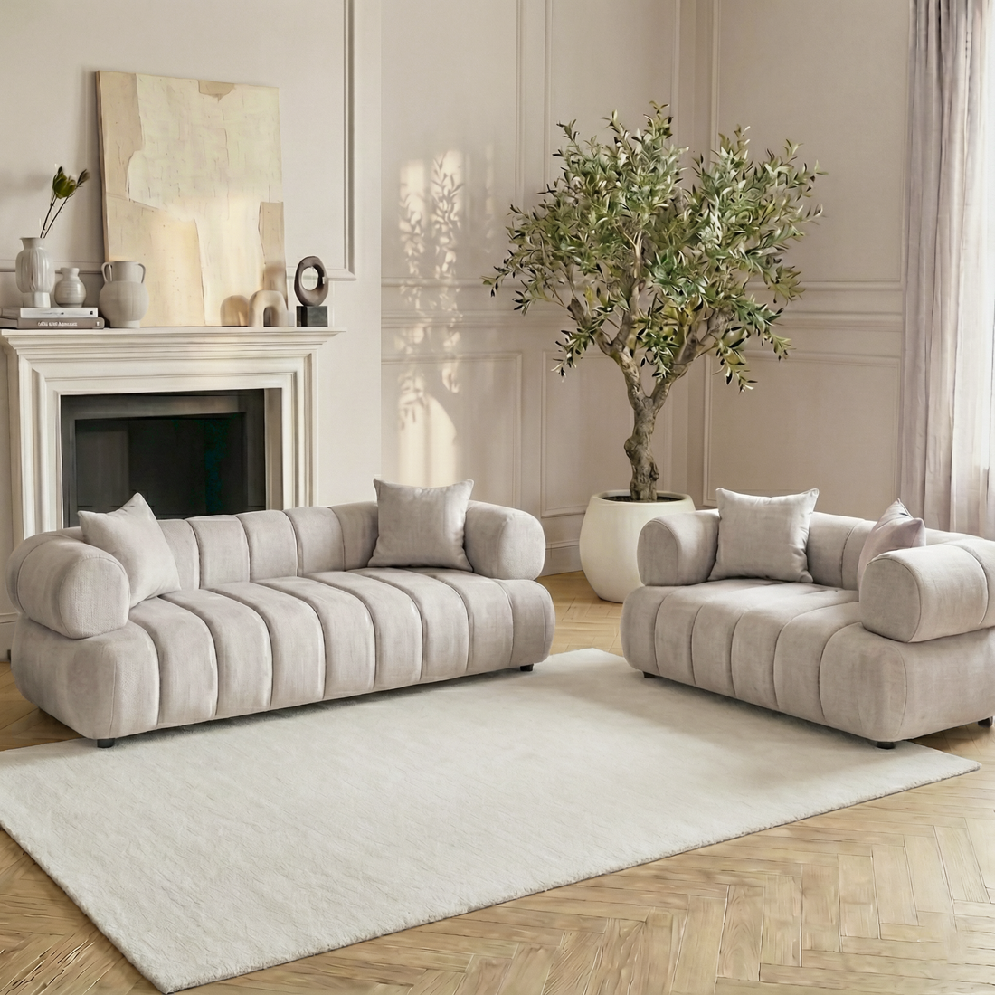Samira 5 Seater Velvet Sofa Set in Warm Beige